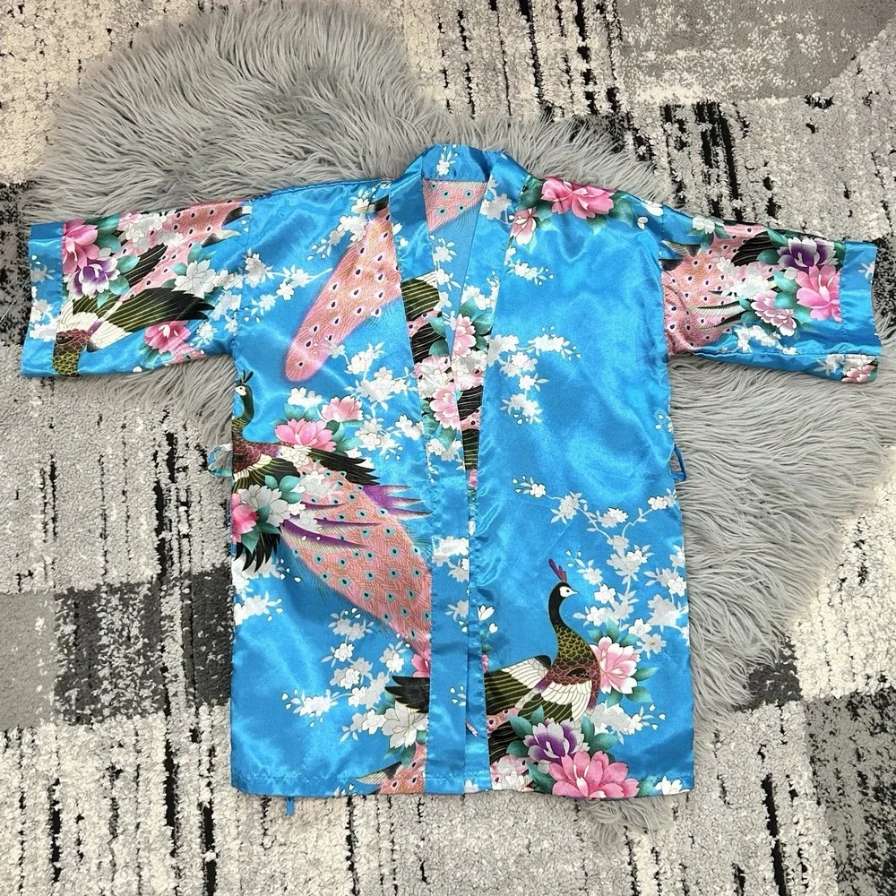 Children's One Size Blue Kimono Robe Top With Peacock Design